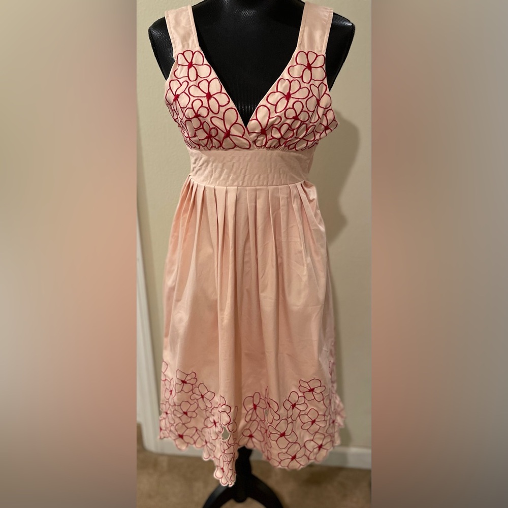 Elegant Pink Dress with Red Embroidery